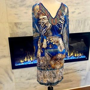 Fabulous Beaded Animal Print Blue and Gold Mid Length Dress Sheer Size Small
